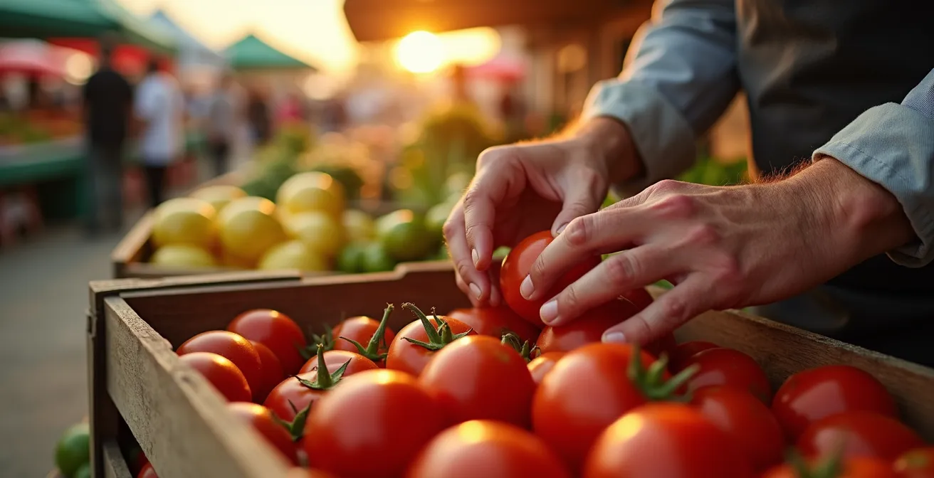 Chef cuisinier sélectionnant des ingrédients frais sur un marché